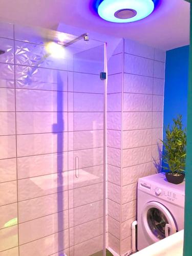 une salle de bain avec une machine à laver et un lave-linge dans l'établissement Le Led Room,Centre ville place de parking gratuite, à Sens