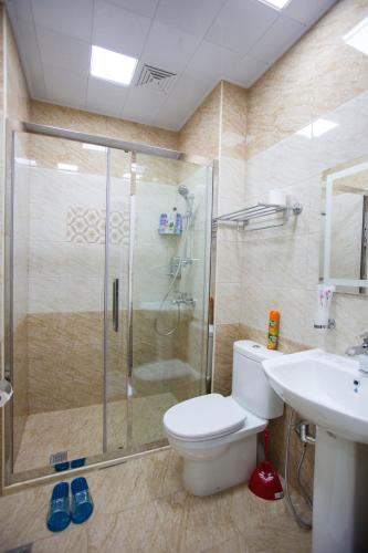 a bathroom with a shower and a toilet and a sink at Leyla Apartments 1 in Baku