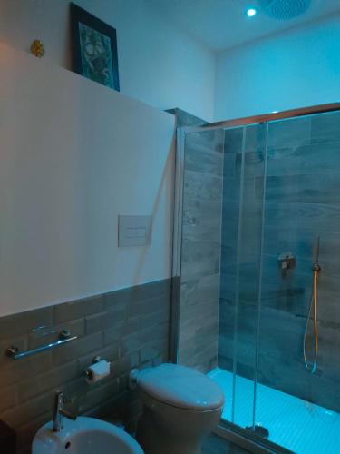 a bathroom with a shower and a toilet and a sink at Casa Busari in Palermo