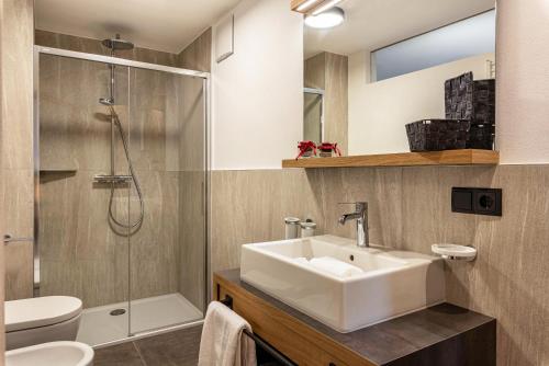 a bathroom with a sink and a shower and a toilet at Planerhof Apartment Alpenrose in Funes