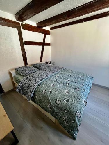 une chambre avec un lit avec une couette verte dans l'établissement Appartement de charme alsacien, centre historique, à Sélestat