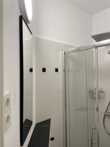 a bathroom with a glass shower with a mirror at Erft Apartment in Kerpen