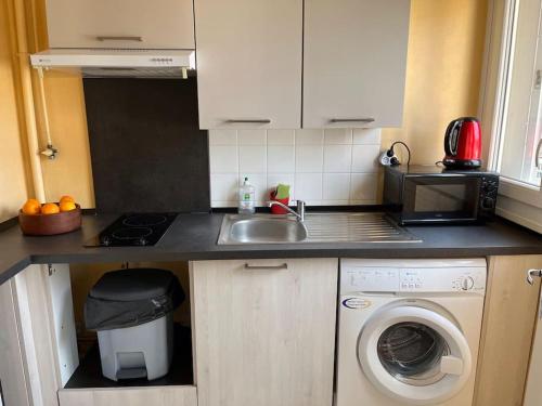 een keuken met een wastafel en een wasmachine bij Le Studio: Agréable logement in Riorges