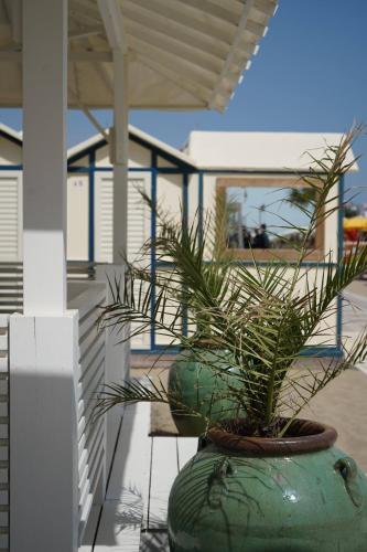 two large green vases with plants in them on a porch at Hotel Mon Cheri in Riccione