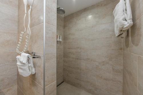 a shower with a glass door in a bathroom at Boutique Hotel Swiss Paradise Aruba Villas and Suites in Palm-Eagle Beach
