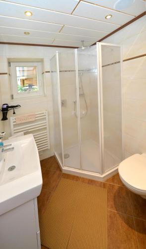 a bathroom with a shower and a sink at Marie Luise, Landhaus in Reith bei Kitzbühel