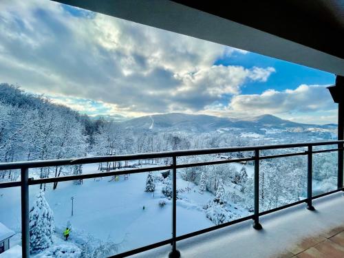 a balcony with a view of snow covered trees and mountains at Hotel Belweder in Ustroń