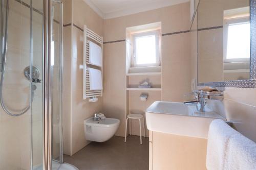 a bathroom with a sink and a shower and a toilet at Garni Irma Bed & Breakfast in Ortisei