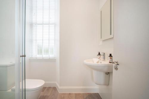 a white bathroom with a toilet and a sink at The Woodside in Doune