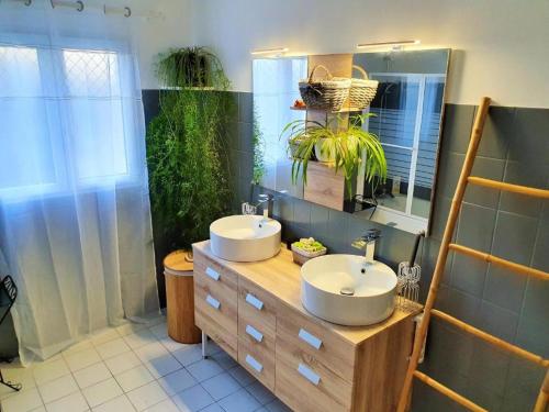 une salle de bains avec deux lavabos et une plante sur le comptoir dans l'établissement Chambre spacieuse et calme, à Grand-Village-Plage
