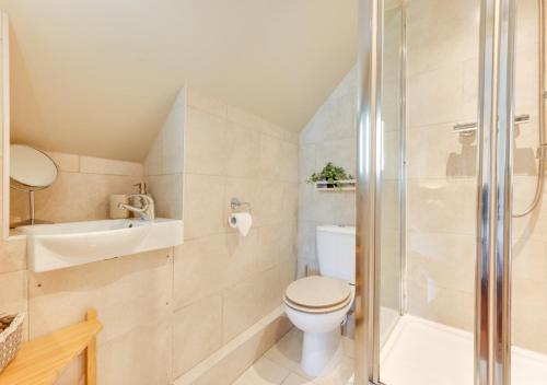 a bathroom with a toilet and a sink and a shower at Granary Cottage in Knelston