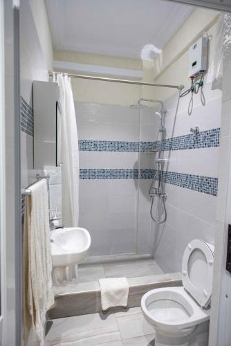 a bathroom with a toilet and a sink at The Ritzz Exclusive Guest House in Accra