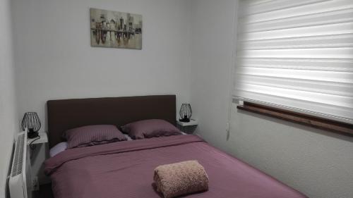 a bedroom with a bed with purple sheets and a window at Apartman A&E in Živinice