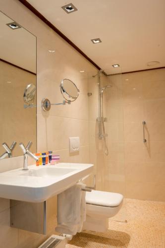 a bathroom with a sink and a shower and a toilet at Hotel de Milliano in Breskens