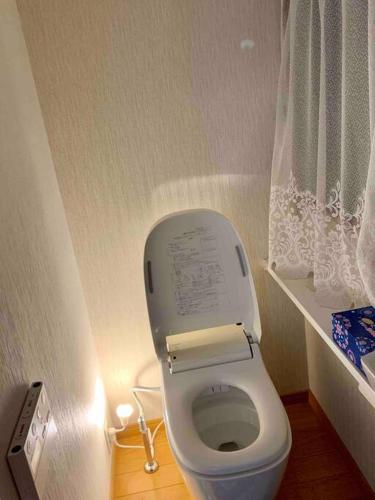 a small bathroom with a toilet with a curtain at Amitie Villa in Hannan