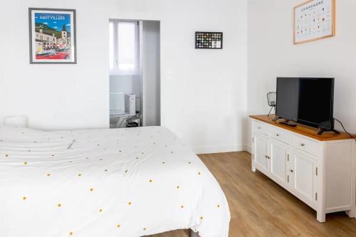 une chambre avec un lit et une télévision sur une commode dans l'établissement Studio cosy Pinot Meunier au cœur d'Hautvillers, à Hautvillers