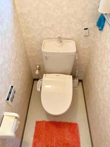 a small bathroom with a white toilet with a red rug at Amitie Villa in Hannan