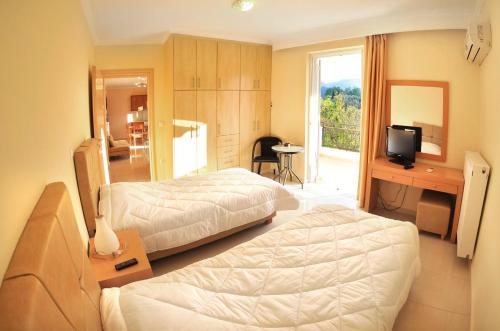 ニドリにあるDionysos Luxury Apartmentsのベッド2台とテレビが備わるホテルルームです。