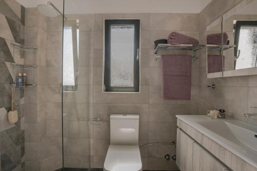 a bathroom with a toilet and a shower and a sink at Queen Bee Residence in Minia