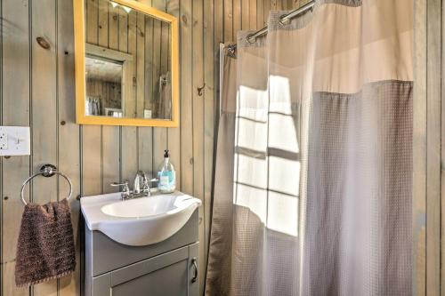 a bathroom with a sink and a shower at Killingly Barnyard Studio in Wine Country! in Pineville