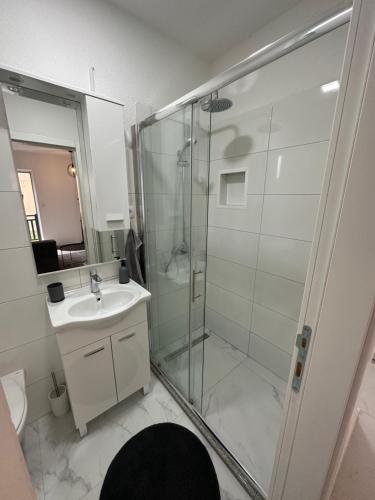 a bathroom with a shower and a sink at Lena 2 in Jajce