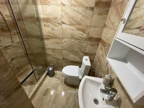 uma casa de banho com um WC, um lavatório e um chuveiro em Apartmány Foresta Jasná em Demanovska Dolina