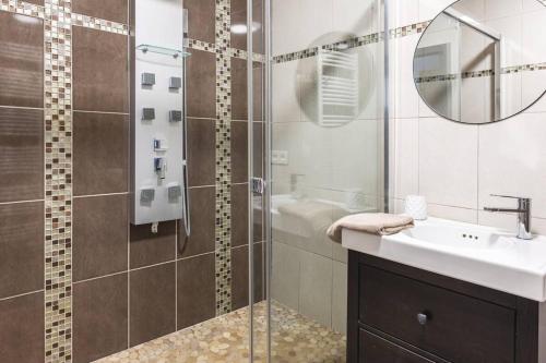 La salle de bains est pourvue d'une douche, d'un lavabo et d'un miroir. dans l'établissement Joli T2 rénové 'Pinot Noir' plein centre village, à Hautvillers