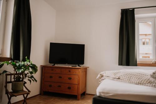 1 dormitorio con TV en la parte superior de un tocador en Wohnung Hochalm, en Lenggries