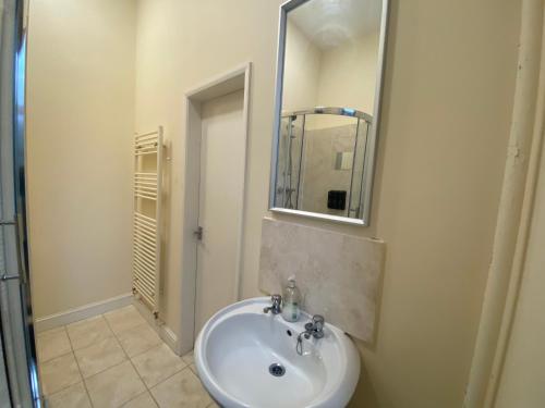 a bathroom with a sink and a mirror at Modern studio apartment - great location! in Mansfield