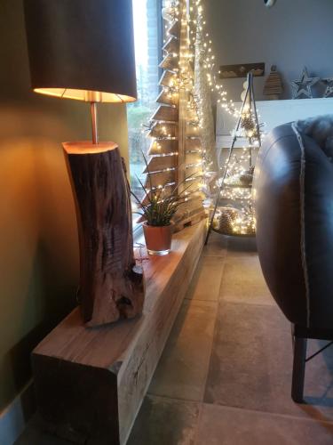 a table with a lamp on top of it with a christmas tree at Q-time Barvaux, Durbuy-Adults Only in Durbuy