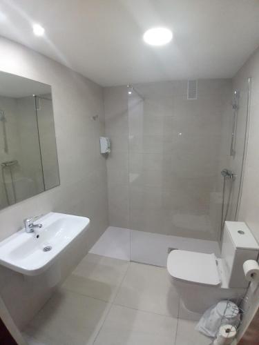 a bathroom with a sink and a toilet and a shower at Pensión Acella in Pamplona