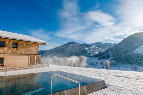 a house with a swimming pool in the snow at Beim Hochfilzer Superior 4 Sterne in Söll