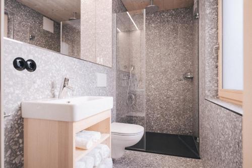 La salle de bains est pourvue de toilettes, d'un lavabo et d'une douche. dans l'établissement Pinjola, à Vandans
