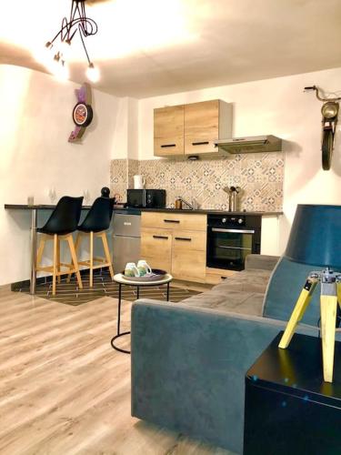 un salon avec un canapé et une cuisine dans l'établissement Le Mécanique Room centre ville, parking gratuit, à Sens