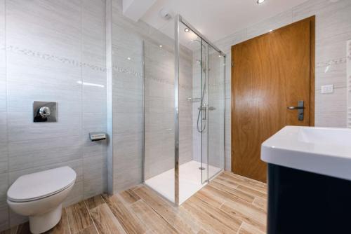 a bathroom with a shower and a toilet and a sink at L'Escapade Citadine in Bischheim