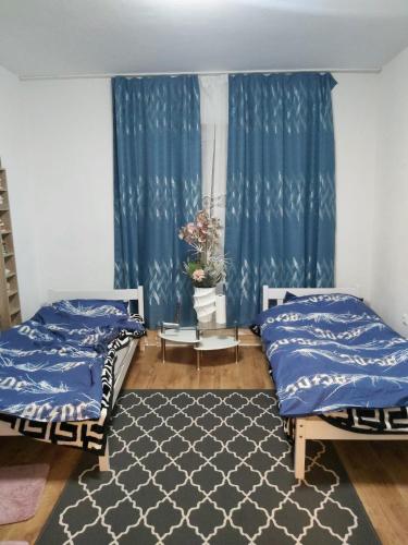 Duas camas num quarto com cortinas azuis e um tapete em 1 Zimmerwohnung mit Küche, Balkon und Badezimmer in Düsseldorf Apartmen em Dusseldorf