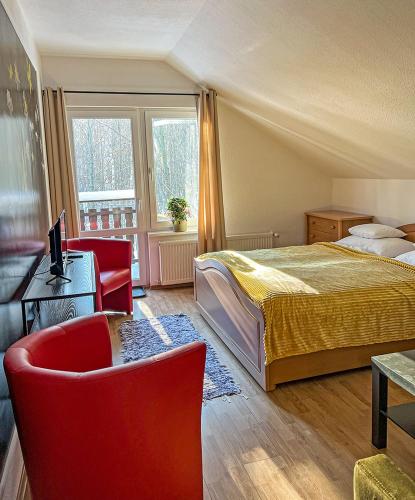 a bedroom with a bed and a desk and a chair at Willa RADosna in Karpacz
