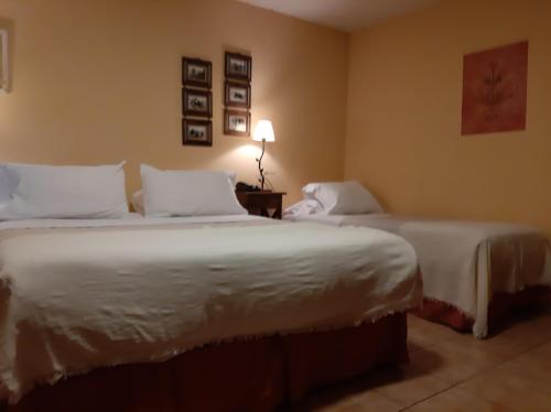 two beds in a hotel room with white sheets at Kau Kaleshen in El Calafate