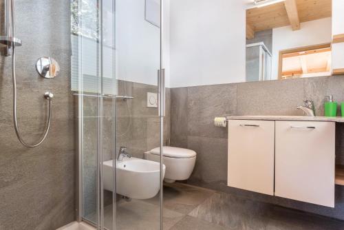 a bathroom with a toilet and a glass shower at Villa Solinda App Rossini in Selva di Val Gardena
