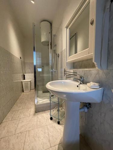 bagno con lavandino bianco e doccia di Fantastico appartamento a pochi passi dalla metro a Torino