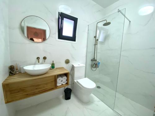 bagno con lavandino, servizi igienici e specchio di Charming apartment in a duplex with garden & balcony a Cunit