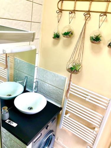 une salle de bain avec deux lavabos et un miroir dans l'établissement Le Road 66, proche centre ville, parking gratuit., à Sens