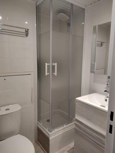 une salle de bain avec une douche, des toilettes et un lavabo dans l'établissement CHALET CLUB VAL CLARET 1 46, à Tignes