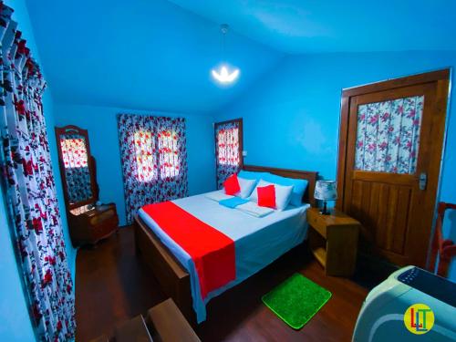a bedroom with a bed in a blue room at mango villa wilpattu in Nekattegama