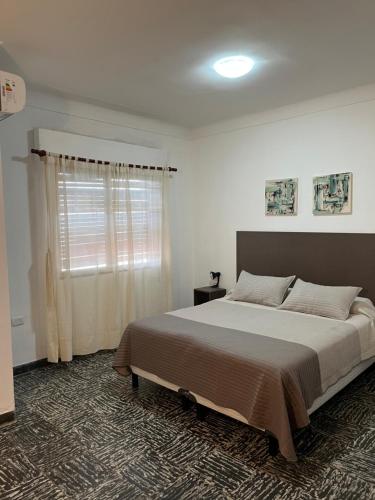een slaapkamer met een groot bed en een raam bij Magnolia Departamento Céntrico in San Fernando del Valle de Catamarca