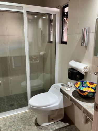 a bathroom with a toilet and a glass shower at Casa Biznaga in Oaxaca City