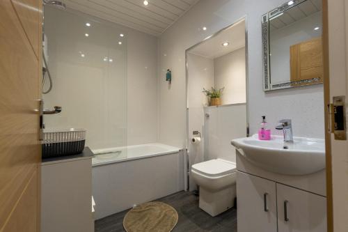 a bathroom with a sink and a toilet and a mirror at New 3-Bedroom Apartment Close to City Centre in Edinburgh