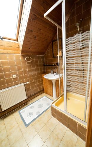 a bathroom with a shower and a sink at Avoti in Līgatne