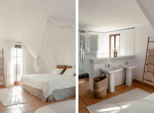 two pictures of a bedroom with a bed and a sink at The Collector's House Finca with sea view in Mijas