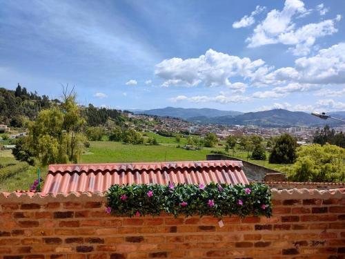 派帕的住宿－Glamping VILLA - Nueva en Paipa，上面有花的砖墙